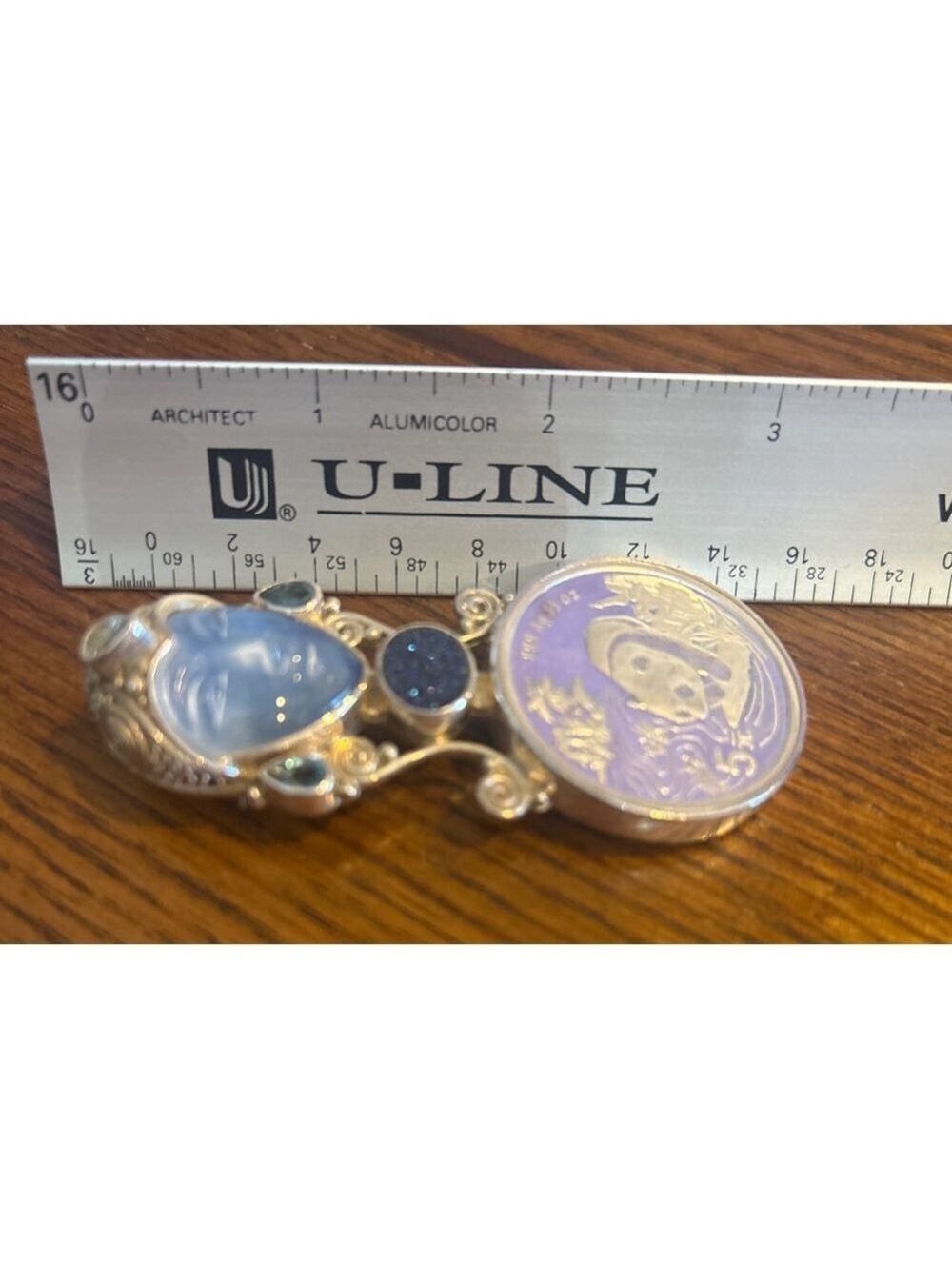Women's Sajen Silver & Blue Carved Stone Panda Coin Brooch Pendant One Size - Picture 4 of 5